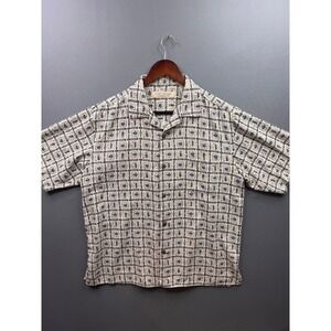 Island Republic Silk Button Up Shirt Mens Cream Black Geometric Floral M